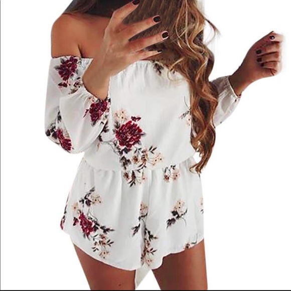 Pants - Floral Print Off the Shoulder Romper